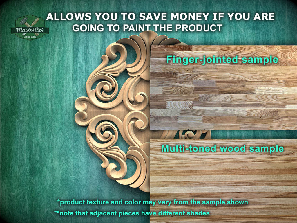 The image is a promotional advertisement for Master Oak, a company that paints products. It features a close-up of a wooden sample with a decorative design, along with a sample of multi-toned wood and a sample of a finger-jointed sample. The text on the image provides information about the product, including the product texture and color, which may vary from the sample shown, and that adjacent pieces have different shades.