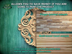 The image is a promotional advertisement for Master Oak, a company that paints products. It features a close-up of a wooden sample with a decorative design, along with a sample of multi-toned wood and a sample of a finger-jointed sample. The text on the image provides information about the product, including the product texture and color, which may vary from the sample shown, and that adjacent pieces have different shades.