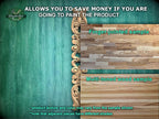 The image is a promotional image for Master Oak Paint, featuring a green wooden wall with a decorative scroll design. The text on the image provides information about the paint product, including a "Finger-joined sample" and a "Multicolored wood sample". The text also mentions that the product texture and color may vary from the sample shown, and that adjacent pieces have different shades.