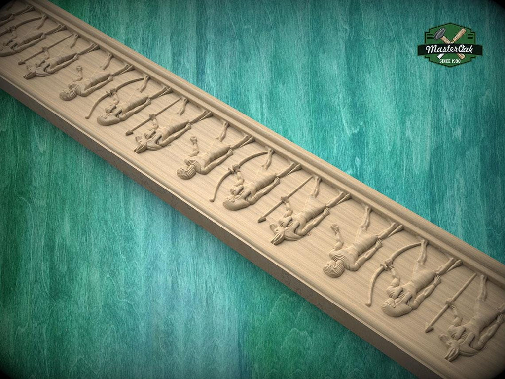 A decorative wooden molding with a repeating pattern of carved figures, set against a green textured background.