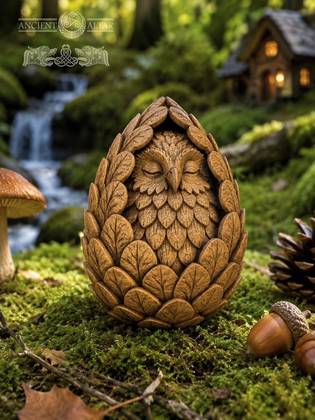 Oak Owl Guardian Figurine, Wooden Forest Spirit, Nursery Decor, Woodland Baby Room Gift, Sleeping Owl Statue, Good Luck Charm