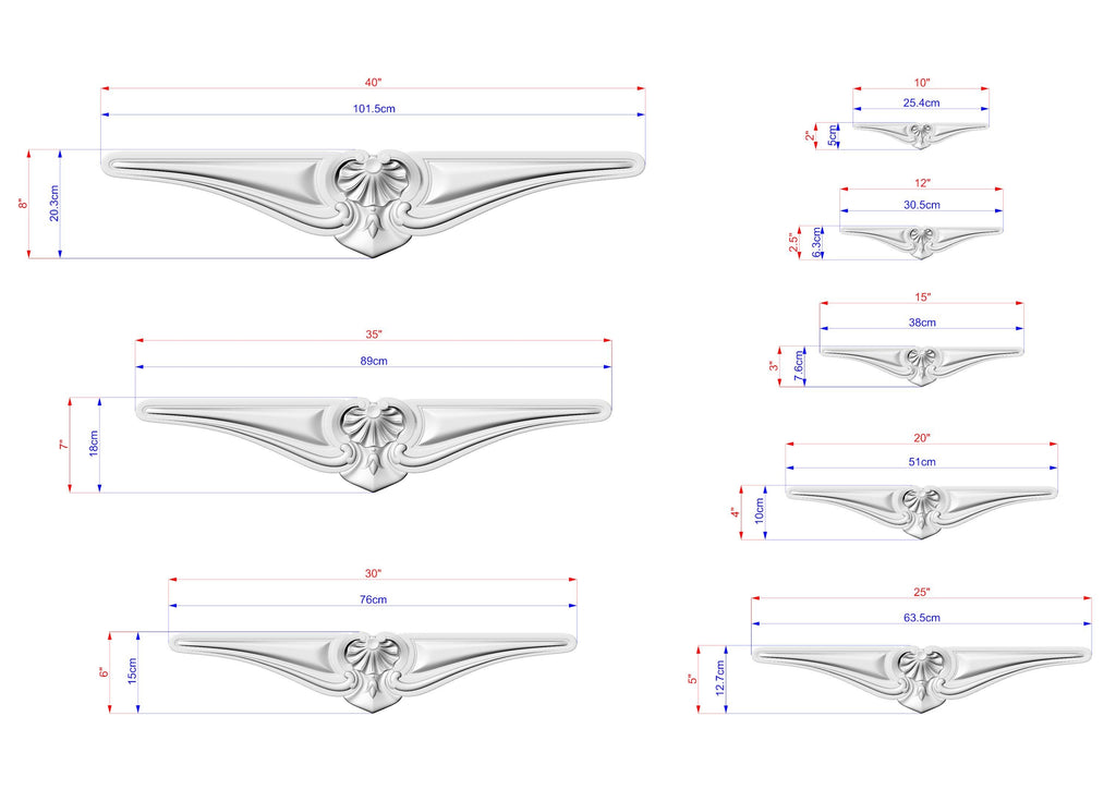 a series of sketches or drawings of a decorative metal piece, likely a sculpture or a piece of jewelry. The sketches are labeled with measurements and dimensions, providing a visual representation of the piece's design and size.