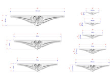 Load image into Gallery viewer, a series of sketches or drawings of a decorative metal piece, likely a sculpture or a piece of jewelry. The sketches are labeled with measurements and dimensions, providing a visual representation of the piece's design and size.
