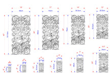 Load image into Gallery viewer, various ornate designs, including a cross and an anchor, with measurements and scale details. The designs are arranged in a grid format, providing a visual representation of the different sizes and dimensions of the intricate patterns.

