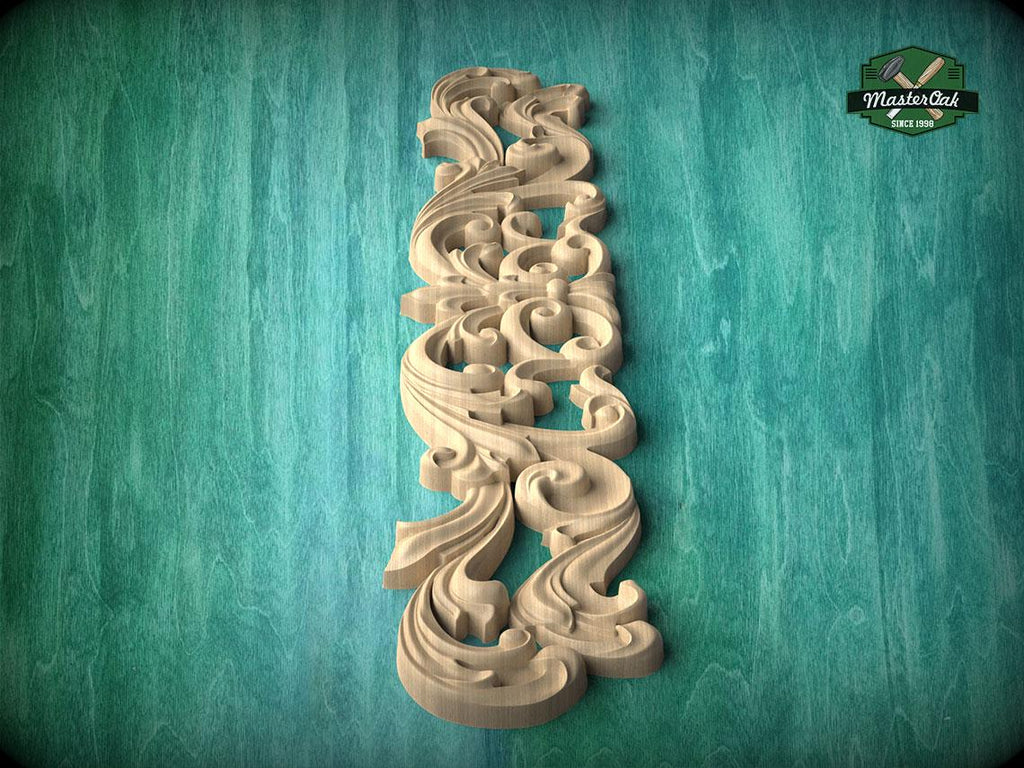 A decorative wooden carving in the shape of a swirl or scroll is displayed against a green background.