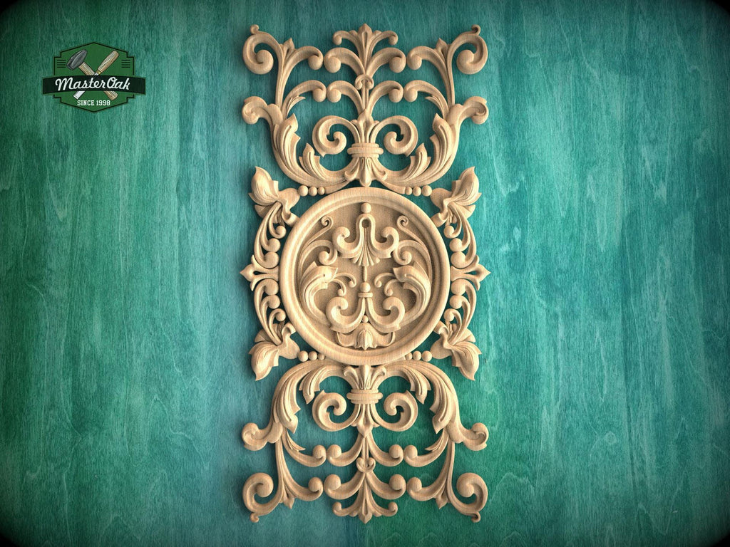 Vertical Filigree Carved Wood Onlay – Intricate Furniture Applique, 1pc, Unpainted, Home Wall Embellishments, Furniture Carving, Wood Onlays