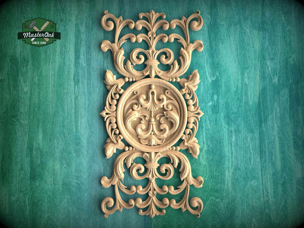 Vertical Filigree Carved Wood Onlay – Intricate Furniture Applique, 1pc, Unpainted, Home Wall Embellishments, Furniture Carving, Wood Onlays