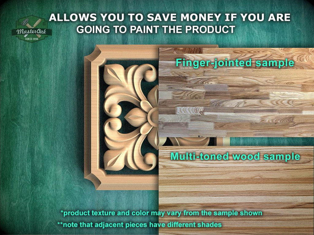 The image is a promotional advertisement for Master Oak, a company that specializes in painting products. It features a close-up of a wooden panel with a decorative design, along with a sample of multi-toned wood and a finger-jointed sample. The text on the image provides information about the product, including the possibility of saving money by painting the product, the different shades of the multi-toned wood sample, and the product texture and color that may vary from the sample shown.