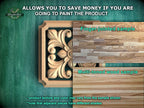 The image is a promotional advertisement for Master Oak, a company that specializes in painting products. It features a close-up of a wooden panel with a decorative design, along with a sample of multi-toned wood and a finger-jointed sample. The text on the image provides information about the product, including the possibility of saving money by painting the product, the different shades of the multi-toned wood sample, and the product texture and color that may vary from the sample shown.