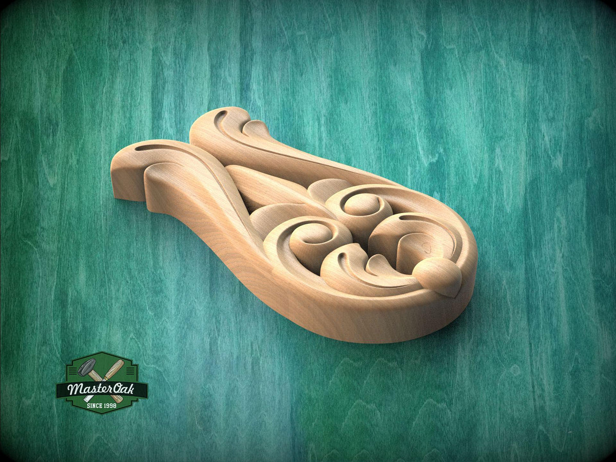 A wooden carving with intricate scrollwork is displayed against a green background.