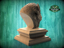 Load image into Gallery viewer, Carved Bison Newel Finial – Wooden Buffalo Head for Bed Post or Stair Post
