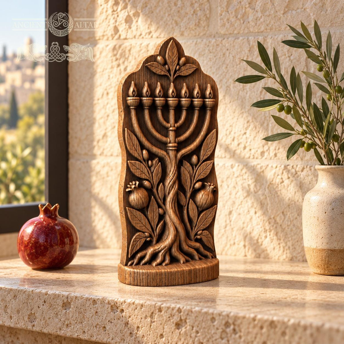 Tree of Life Menorah Sculpture, Solid Oak Judaica with Pomegranates and Olive Branches, Jewish Home Decor, Housewarming Gift