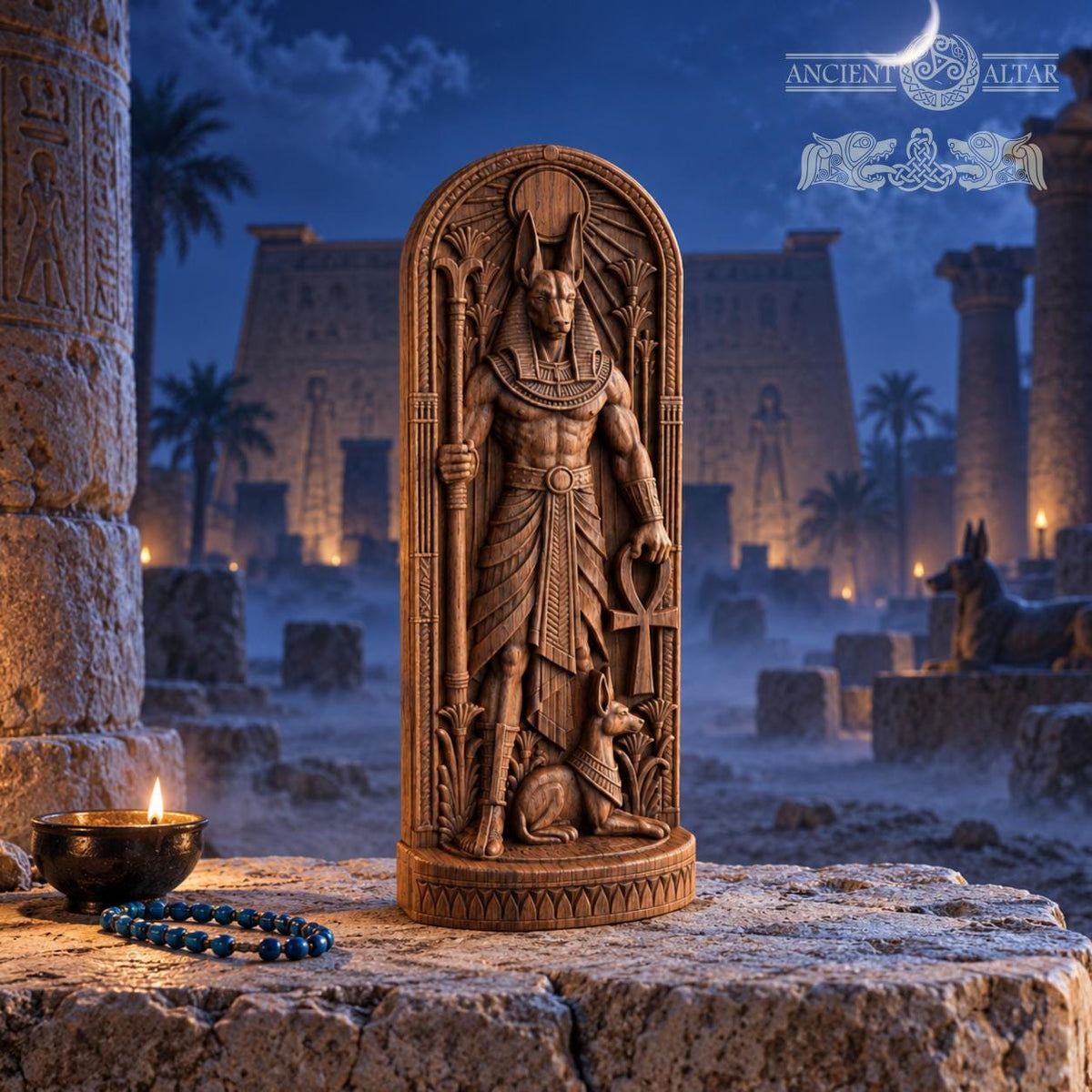 Anubis Temple Shrine Statue – Egyptian Jackal God with Ankh, Carved Wooden Altar Decor, Ancient Egypt Gift