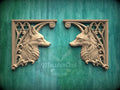 Carved Wood Fox Corner Onlays, Mirrored Pair with Gothic Scrollwork