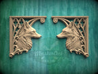Carved Wood Fox Corner Onlays, Mirrored Pair with Gothic Scrollwork
