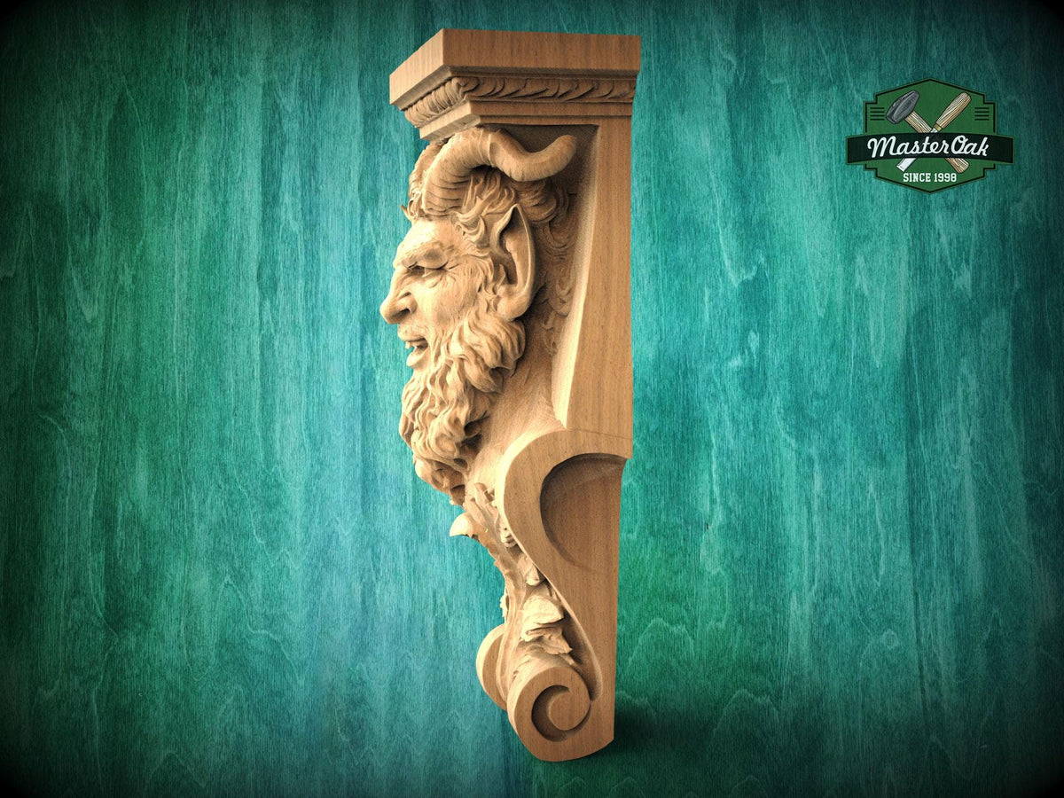 A carved wooden sculpture of a face with horns, set against a green background.