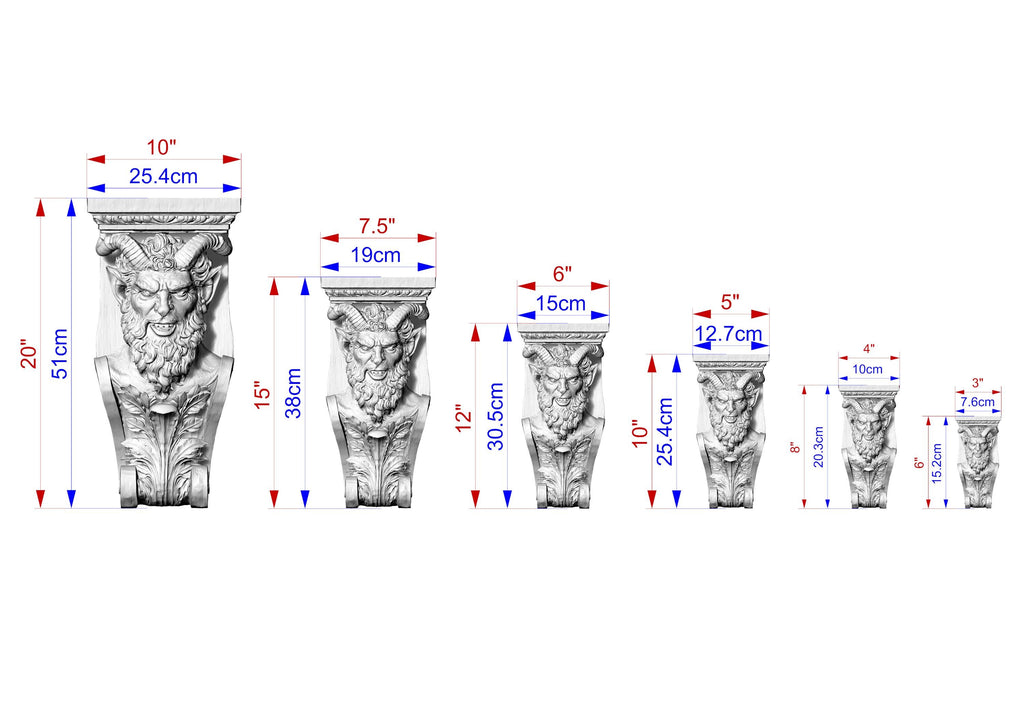 a series of seven carved stone sculptures, each with a unique size and design, ranging from 10" to 25" in height. The sculptures are arranged in a row, with the tallest one on the left and the shortest one on the right. The image provides measurements for each sculpture, including the height in both centimeters and inches.