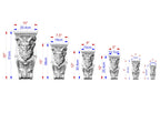 a series of seven carved stone sculptures, each with a unique size and design, ranging from 10" to 25" in height. The sculptures are arranged in a row, with the tallest one on the left and the shortest one on the right. The image provides measurements for each sculpture, including the height in both centimeters and inches.
