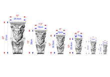 Load image into Gallery viewer, a series of seven carved stone sculptures, each with a unique size and design, ranging from 10" to 25" in height. The sculptures are arranged in a row, with the tallest one on the left and the shortest one on the right. The image provides measurements for each sculpture, including the height in both centimeters and inches.

