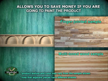 Load image into Gallery viewer, The image is a collage of three different wood samples, each showcasing a distinct type of wood texture and color. The text in the image provides information about the samples, including that they allow for savings if one is going to paint the product, and that the product texture and color may vary from the sample shown. The text also mentions that adjacent pieces have different shades.
