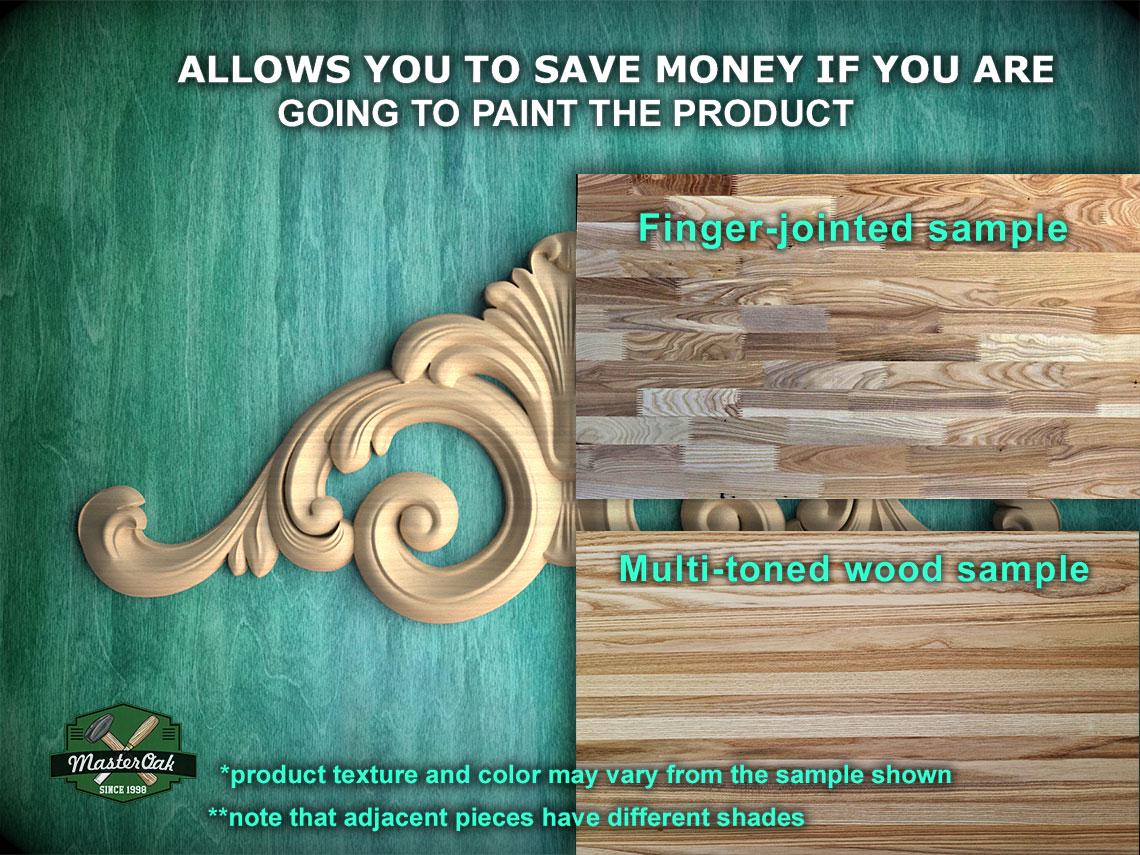 The image is a comparison of two different types of wood samples, one being a multi-toned wood sample and the other being a finger-jointed sample. The text on the image indicates that the product texture and color may vary from the sample shown, and that adjacent pieces have different shades.