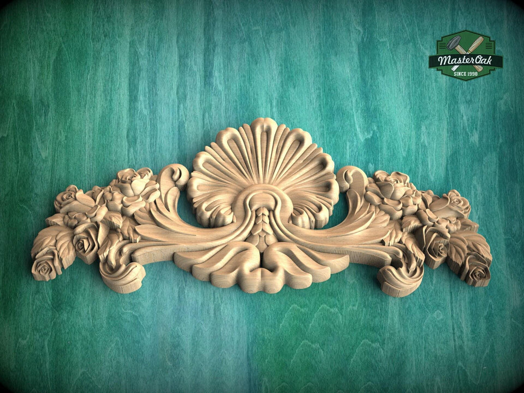 Seashell and Rosebud Symphony Wood Carving, Roses and Shell Carved Applique, 1 pc, Unpainted, decorative wood onlay