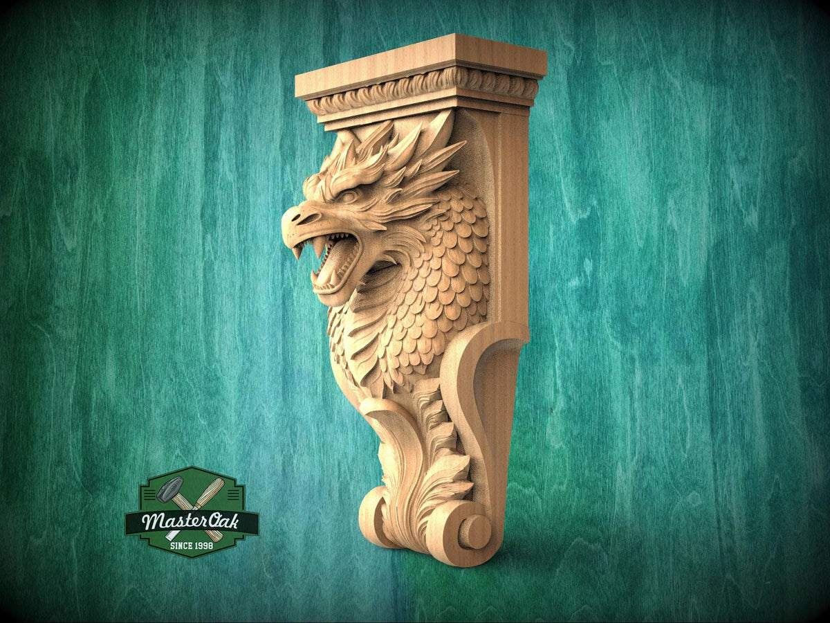 A carved wooden dragon head with a crest and wings, displayed against a green background.