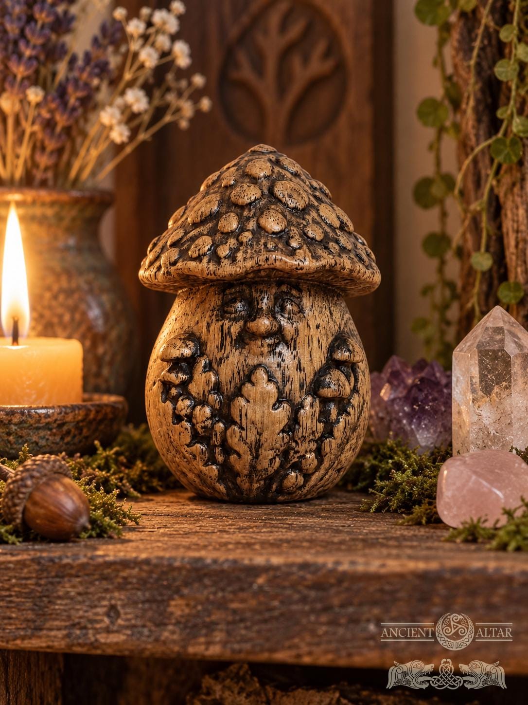 Mushroom Grove Keeper, Carved Oak Forest Spirit Figurine, Wooden Mushroom Decor, Cottagecore Gift, Woodland Guardian Statue