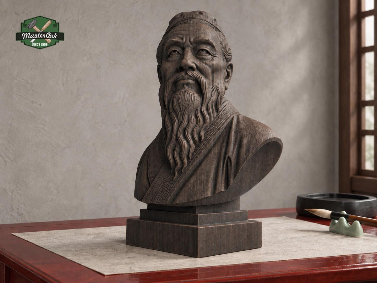 Confucius Bust | Carved & Hand-Finished Wood Statue | Chinese Philosophy Decor