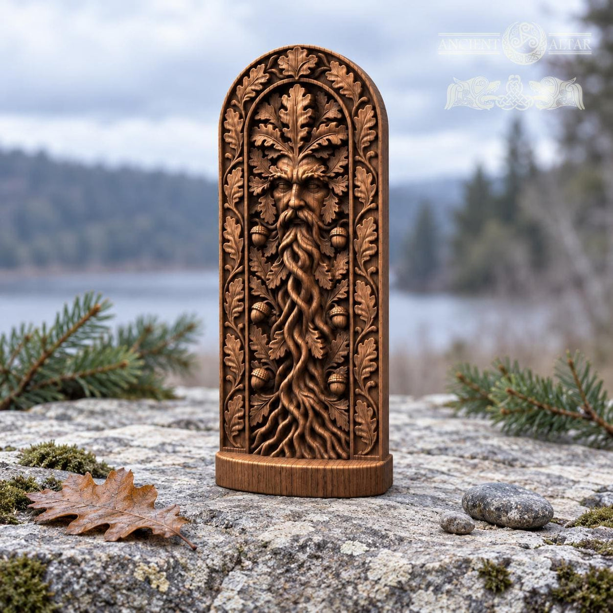 Green Man Sculpture with Twisting Roots, Solid Oak Forest Guardian, Woodland Altar Statue, Acorn and Leaf Decor, Pagan Gift