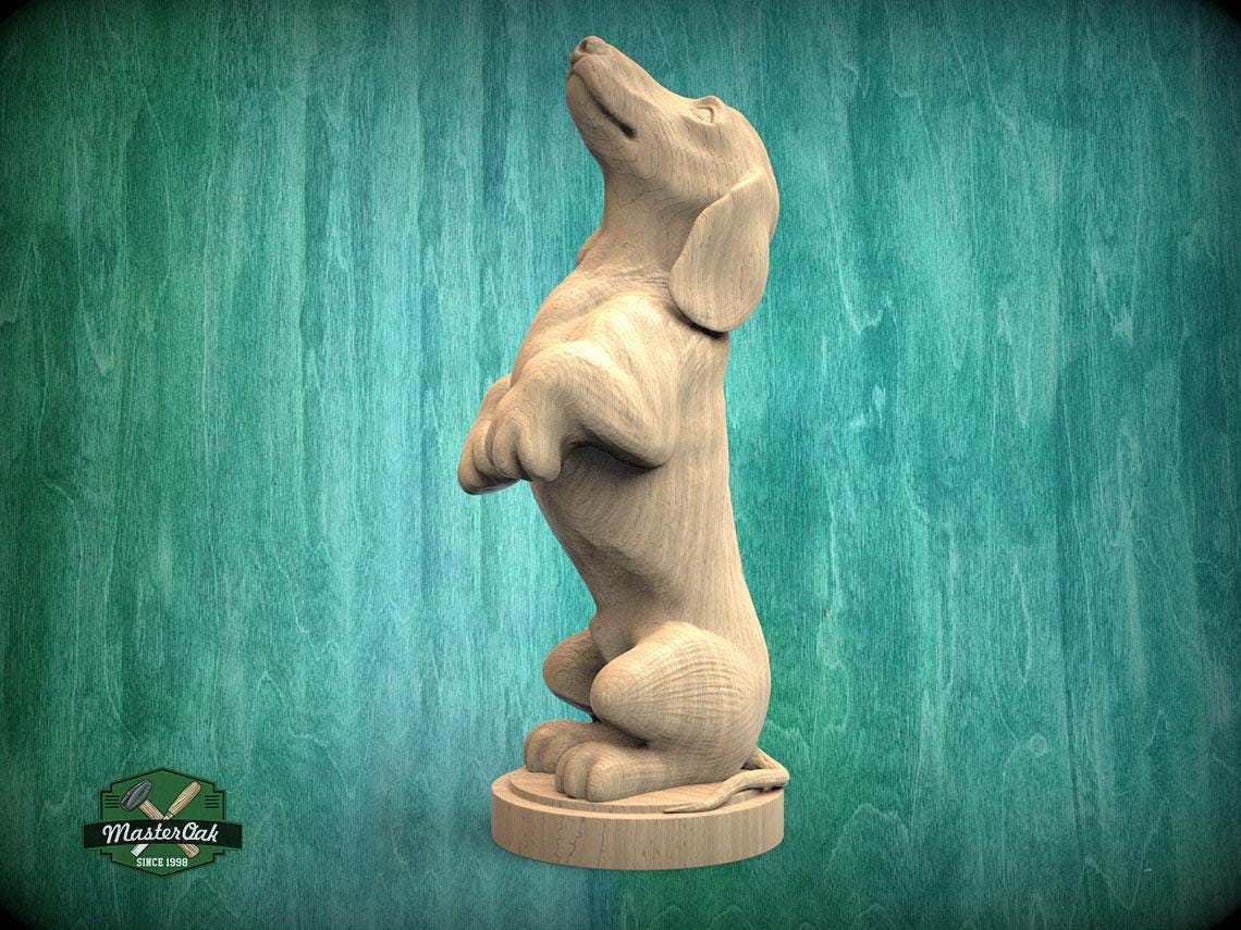 A wooden sculpture of a dog standing on its hind legs, with a green background.