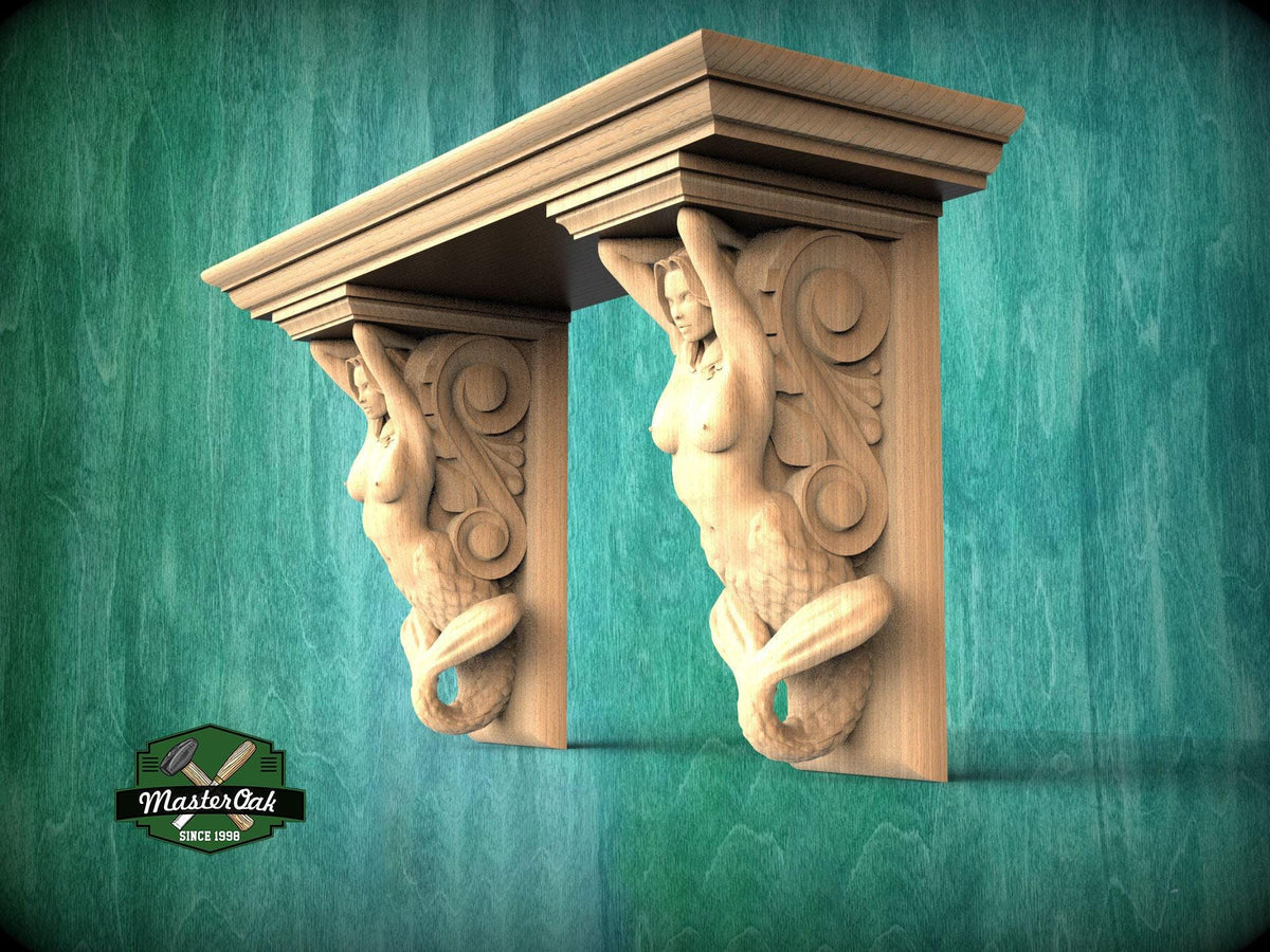 Elegant Carved Wooden Shelf with Mermaid Corbels - Custom Sizes Available, 1 pc, Unpainted, Unassembled, Mantel with corbels, Floating Shelf