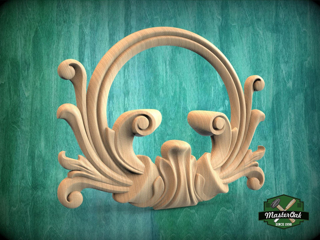 Rococo Natural Wood Onlay with Circular Motif - Central Scroll and Circle Decor, 1 pc, Unpainted, Home Wall Embellishments, wooden trims
