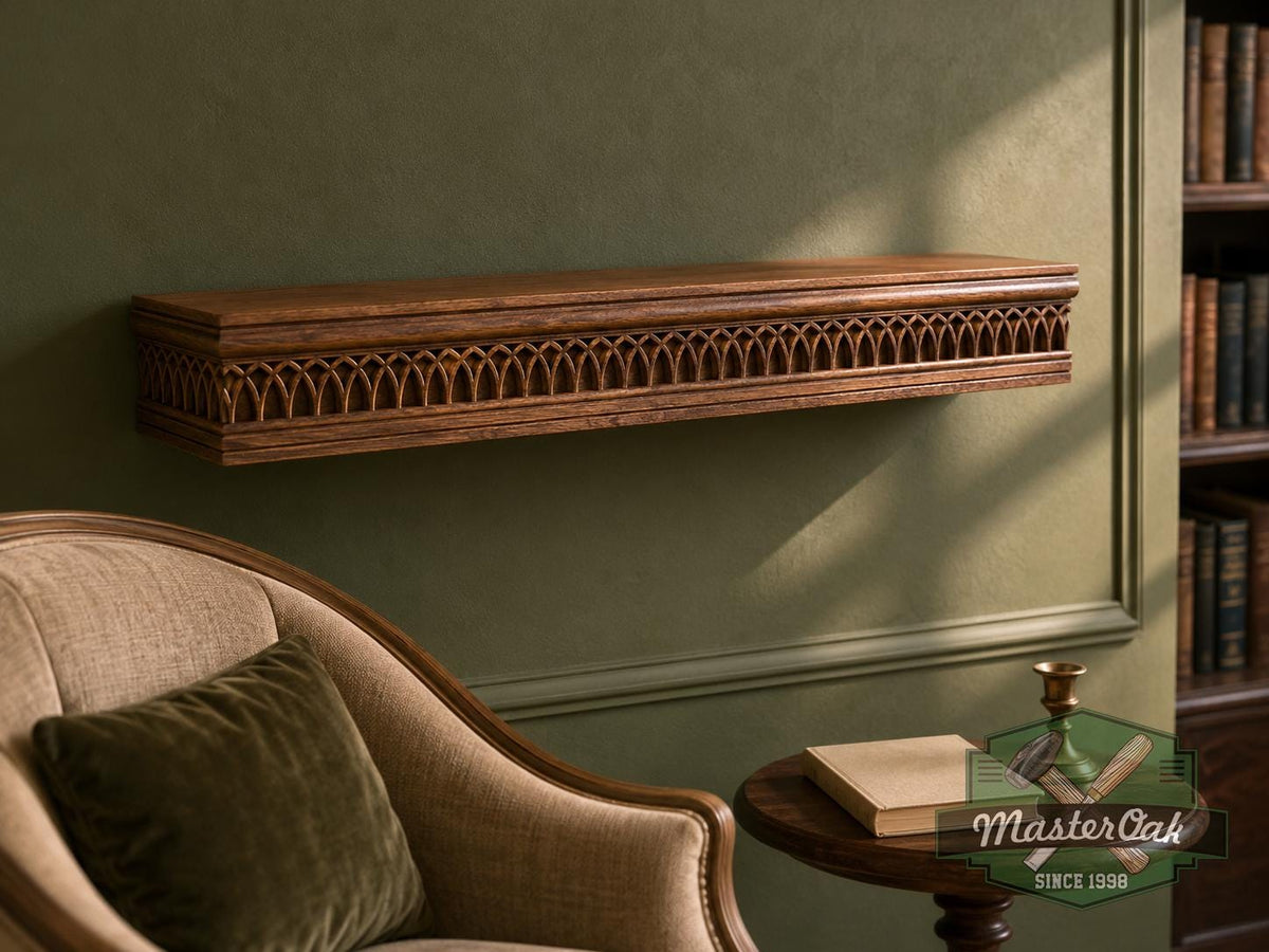 Carved Solid Oak Wall Shelf with Gothic Arch Pattern, Floating Display Shelf, Medieval and Dark Academia Home Decor