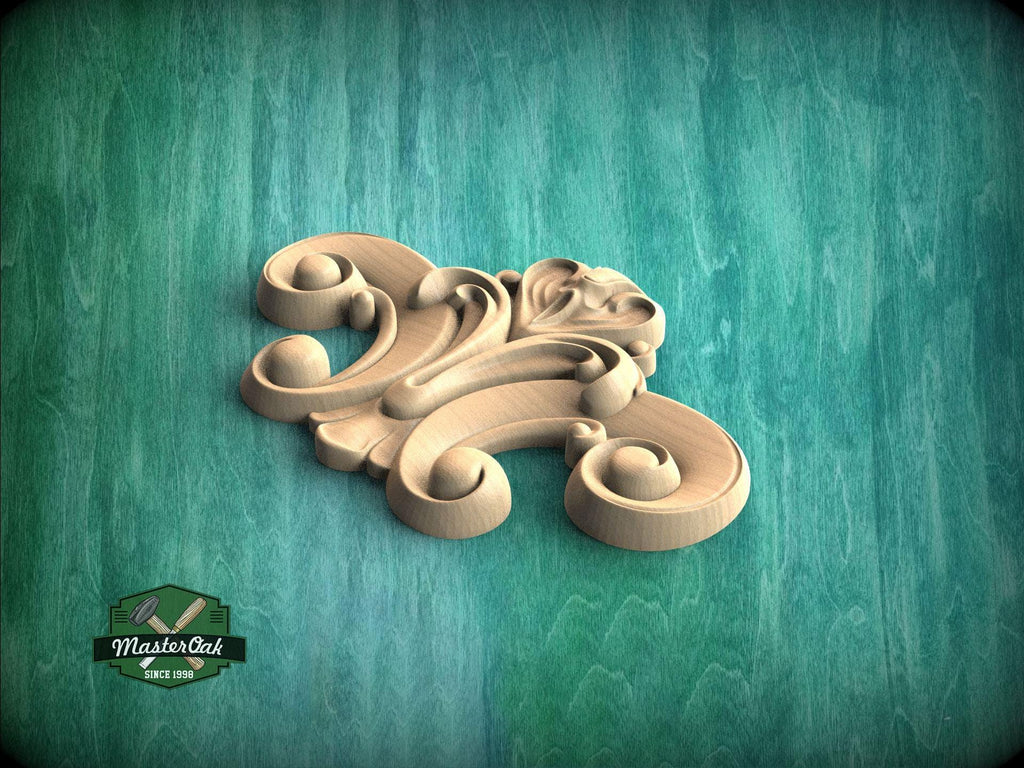 A wooden carving of an ornate, swirling design is displayed against a green background.