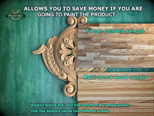 Load image into Gallery viewer, The image is a promotional advertisement for Master Oak Paint, showcasing two different types of wood samples. The left side displays a finger-jointed sample, while the right side shows a multi-toned wood sample. The text on the image provides information about the paint product, including that it allows for savings if the product is being painted, and that the product texture and color may vary from the sample shown. The image also mentions that adjacent pieces have different shades.
