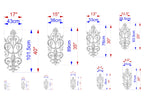 a series of decorative metal designs, each with its own unique size and shape. The designs are shown in various sizes, ranging from small to large, and are accompanied by their respective dimensions in centimeters. The image is a collection of these decorative metal designs, each with its own distinct style and measurements.
