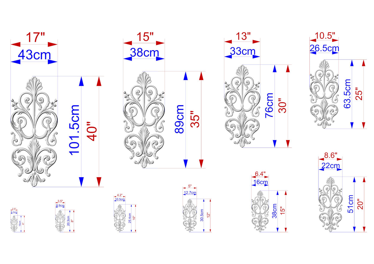 a series of decorative metal designs, each with its own unique size and shape. The designs are shown in various sizes, ranging from small to large, and are accompanied by their respective dimensions in centimeters. The image is a collection of these decorative metal designs, each with its own distinct style and measurements.