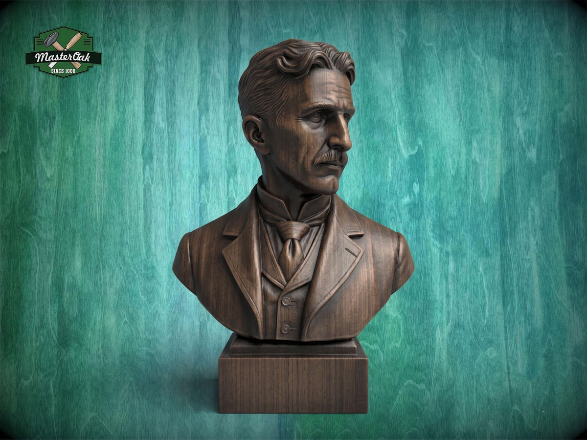 Nikola Tesla Bust, Hand-Finished Wood Sculpture | Inventor Decor
