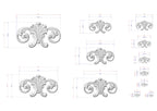 a collection of ornate, decorative designs in a 3D style, with measurements and scale details provided.