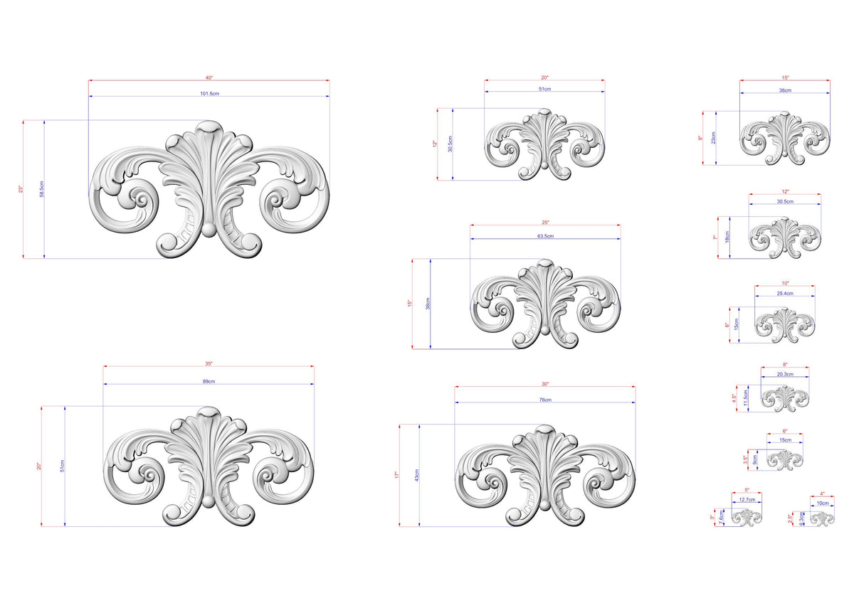 a collection of ornate, decorative designs in a 3D style, with measurements and scale details provided.