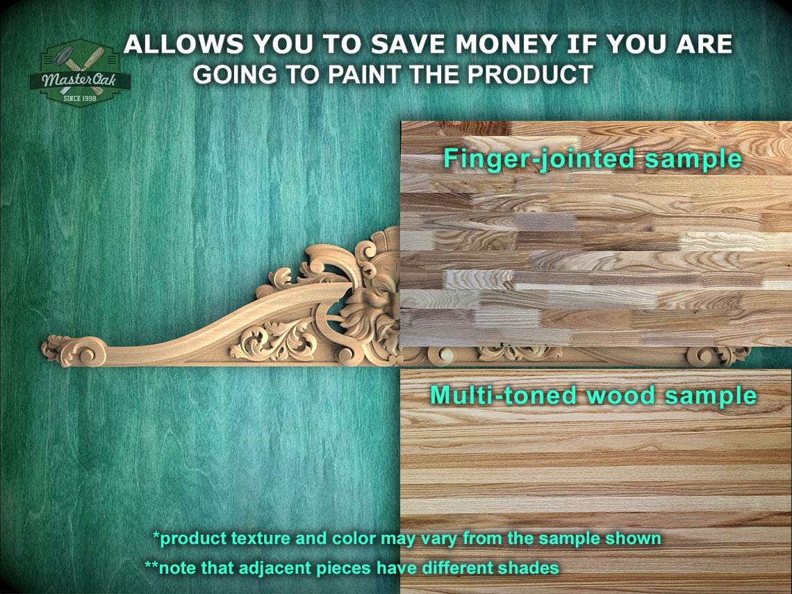 The image is a promotional image for Master Oak, a company that paints products. It features a close-up of a wooden surface with a carved design, and two samples of wood: a finger-jointed sample and a multi-toned wood sample. The text on the image provides information about the samples, stating that the product texture and color may vary from the sample shown, and that adjacent pieces have different shades.