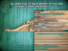 Load image into Gallery viewer, The image is a promotional image for Master Oak, a company that paints products. It features a close-up of a wooden surface with a carved design, and two samples of wood: a finger-jointed sample and a multi-toned wood sample. The text on the image provides information about the samples, stating that the product texture and color may vary from the sample shown, and that adjacent pieces have different shades.
