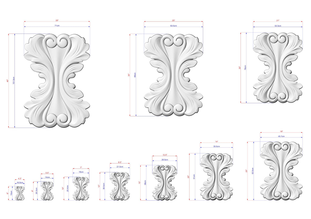 a collection of ornate, decorative white sculptures with intricate designs, each accompanied by its own set of measurements.
