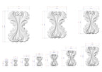 a collection of ornate, decorative white sculptures with intricate designs, each accompanied by its own set of measurements.