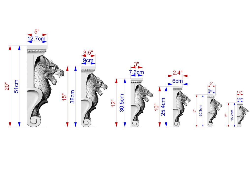 a series of seven lion sculptures, each with a different size and height, ranging from 5" to 18" tall. The sculptures are arranged in a row, with the tallest one on the left and the shortest one on the right. The image provides measurements for each sculpture, including the height and width, in both inches and centimeters.