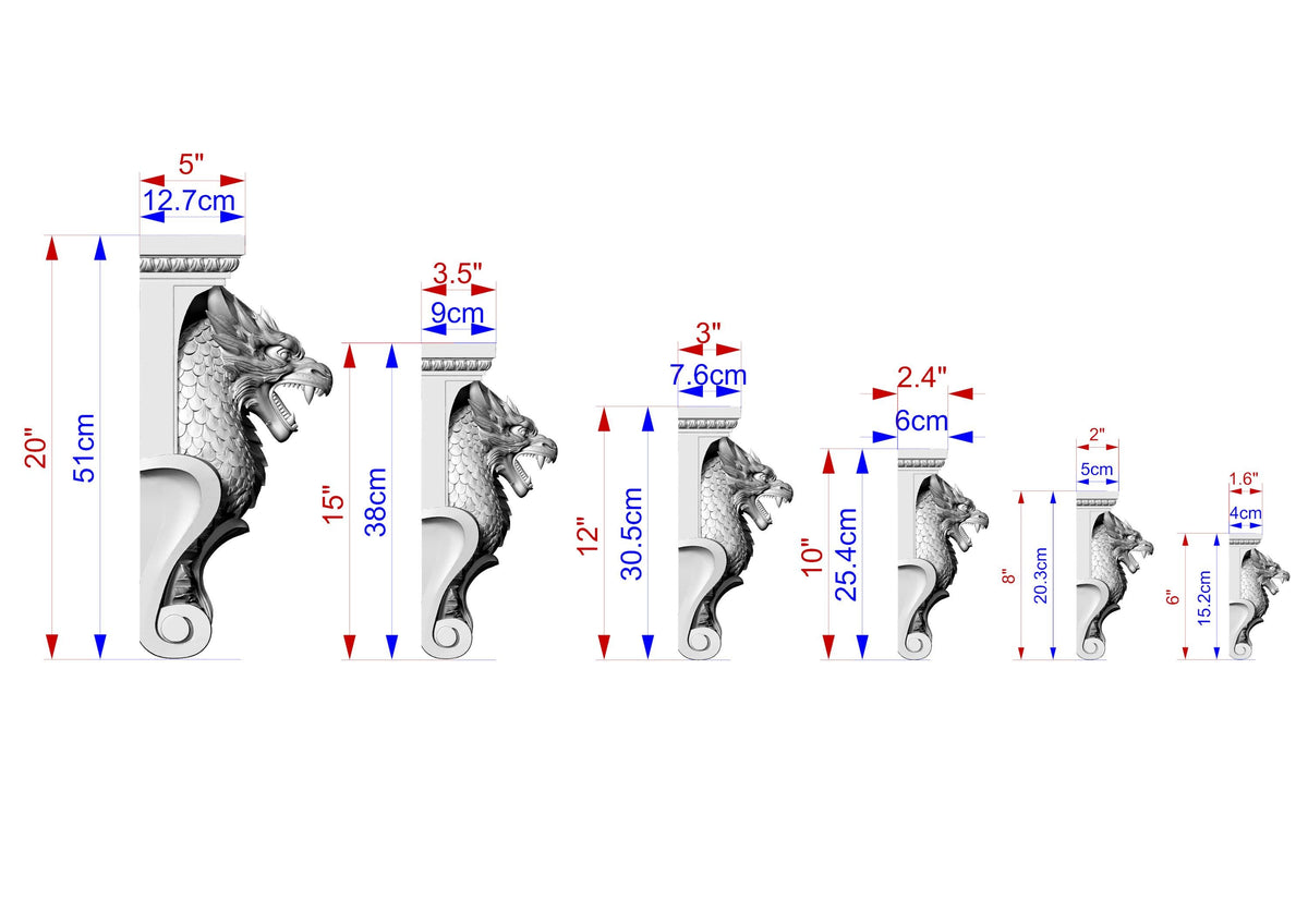 a series of seven lion sculptures, each with a different size and height, ranging from 5" to 18" tall. The sculptures are arranged in a row, with the tallest one on the left and the shortest one on the right. The image provides measurements for each sculpture, including the height and width, in both inches and centimeters.