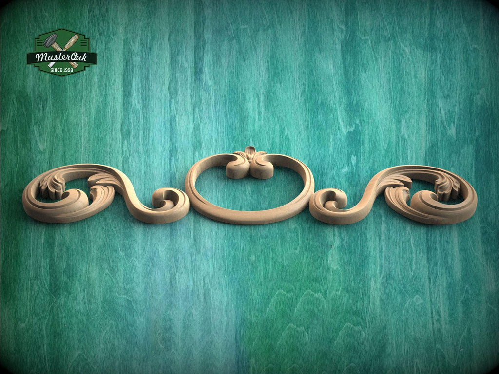 A decorative wooden carving with intricate scrollwork is displayed against a textured green background.