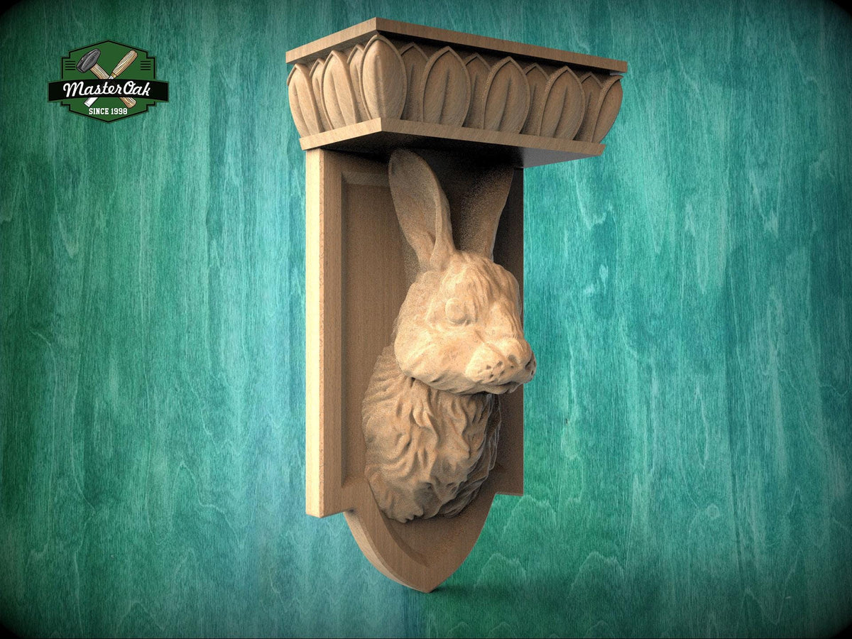 Carved Wooden Rabbit Corbel, Rustic Bunny Shelf Support