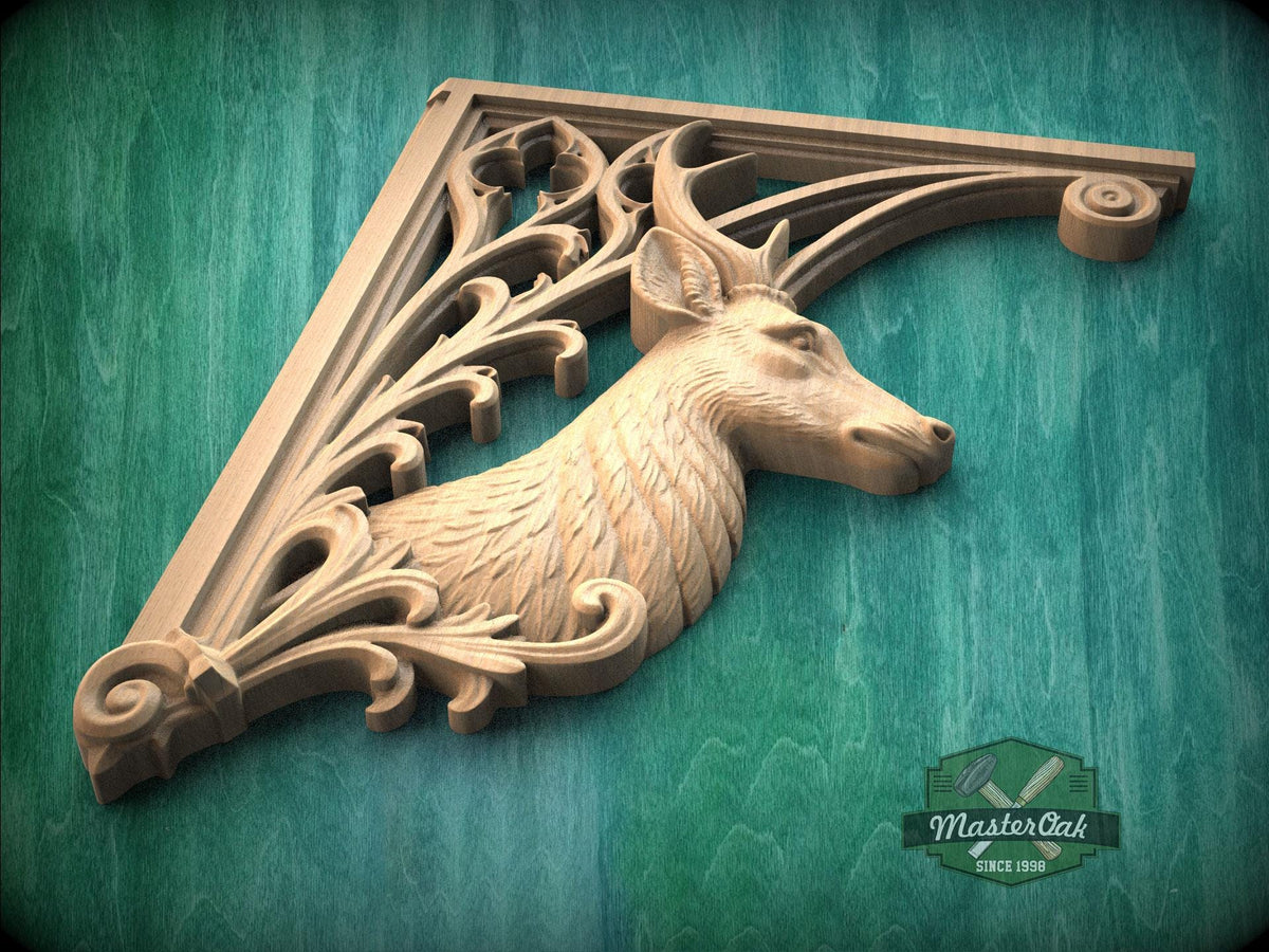 Carved Wood Deer Corner Onlays, Mirrored Pair with Antlers and Gothic Scrollwork